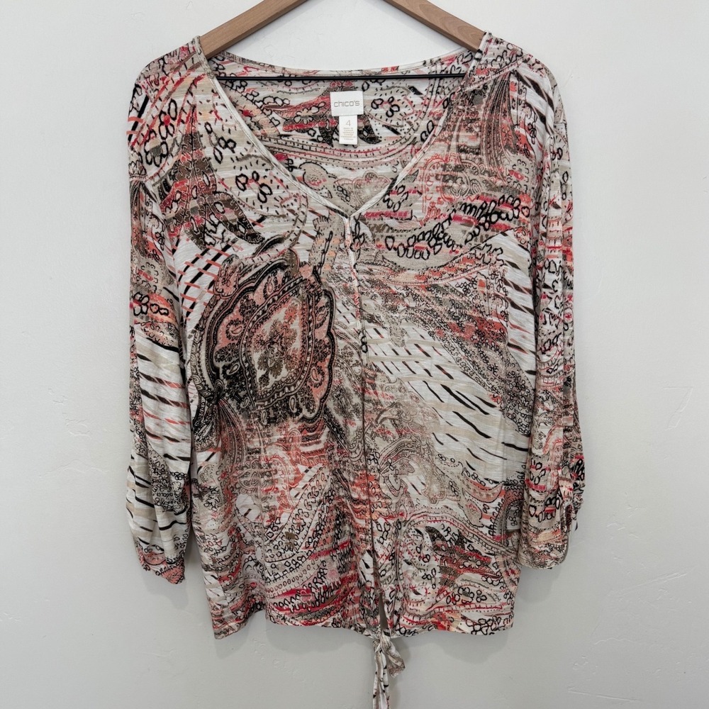 Chicos Paisley Tie Front 3/4 Sleeve V-Neck Blouse Coral Tan 2X Size 4 Artsy Boho